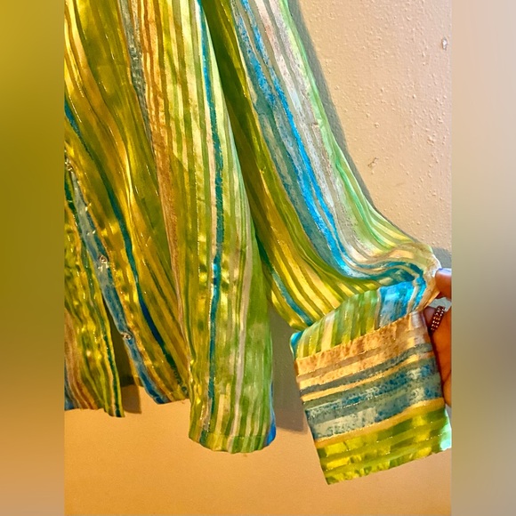 La Caviar Sheer Striped Button Down Top, Size Large - Picture 5 of 5